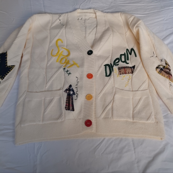 Womens Cream Cardigan M/L Cable Knit Sweater Patches Grandma Core Gossip Girl - Picture 3 of 8